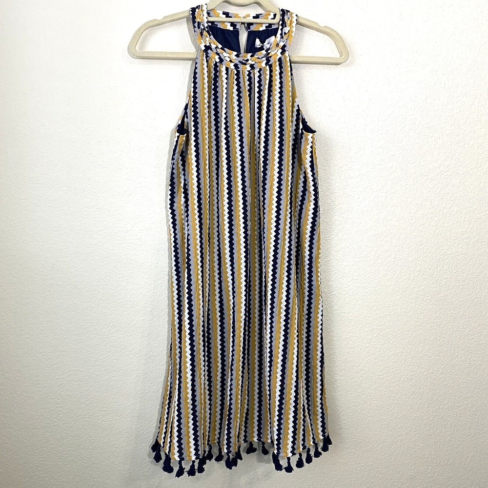 THML Womens Dress Size S Sydney Chevron Halter Fringe Hem Zigzag Yellow Blue NWT